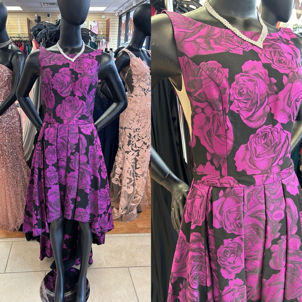 Alyce Paris Black and purple floral high low Dress size 6 with pockets